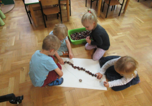 Dzieci układają kasztany po śladzie.