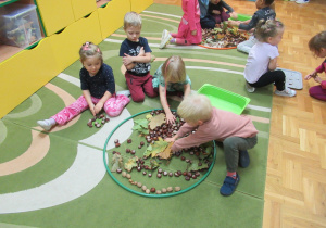 Dzieci układają kasztany i liście w obręczy.
