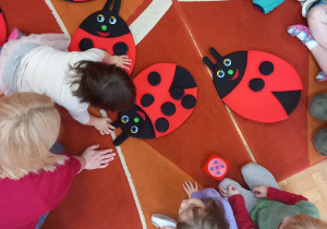 Dzieci siedzą na dywanie i liczą kropki na biedronkach wykonanych z filcu.