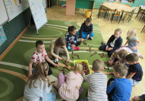 Dzieci na podłodze układają cyfry 4 z kasztanów.