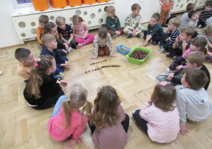 Dzieci siedzą w kole, dziewczynka układa rytm z kasztanów i orzechów.