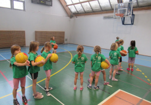 Dziewczynki stoją z piłkami do kosza.